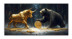 Gilded Bitcoin Bear Bull Wall Art – Gold Accent Crypto Decor with Foil Print