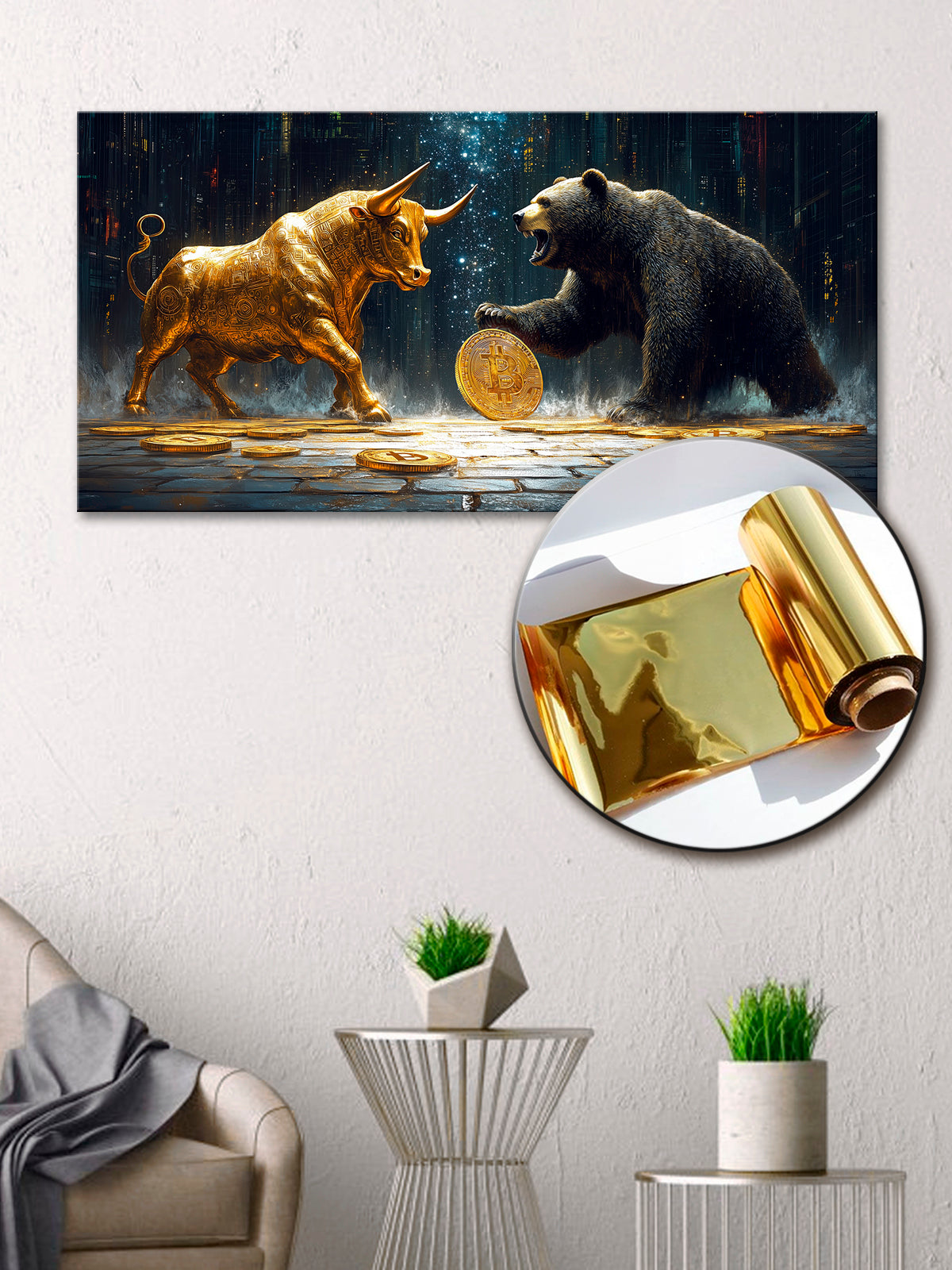 Gilded Bitcoin Bear Bull Wall Art – Gold Accent Crypto Decor with Foil Print