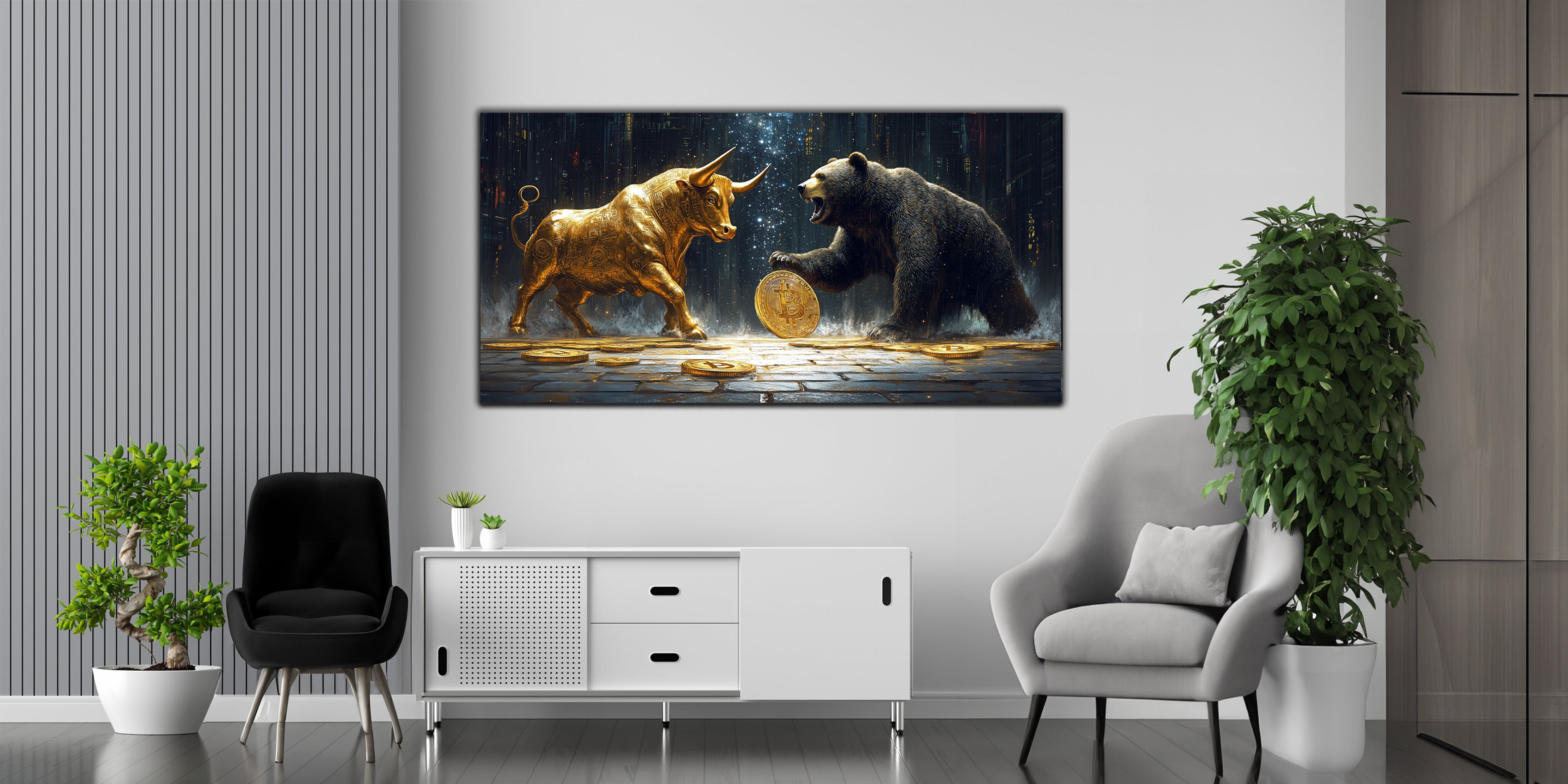 Gilded Bitcoin Bear Bull Wall Art – Gold Accent Crypto Decor with Foil Print