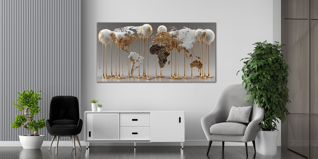 Gold Art Print Abstract Map of the Planet – Gold Accent Wall Decor Canvas, Foil