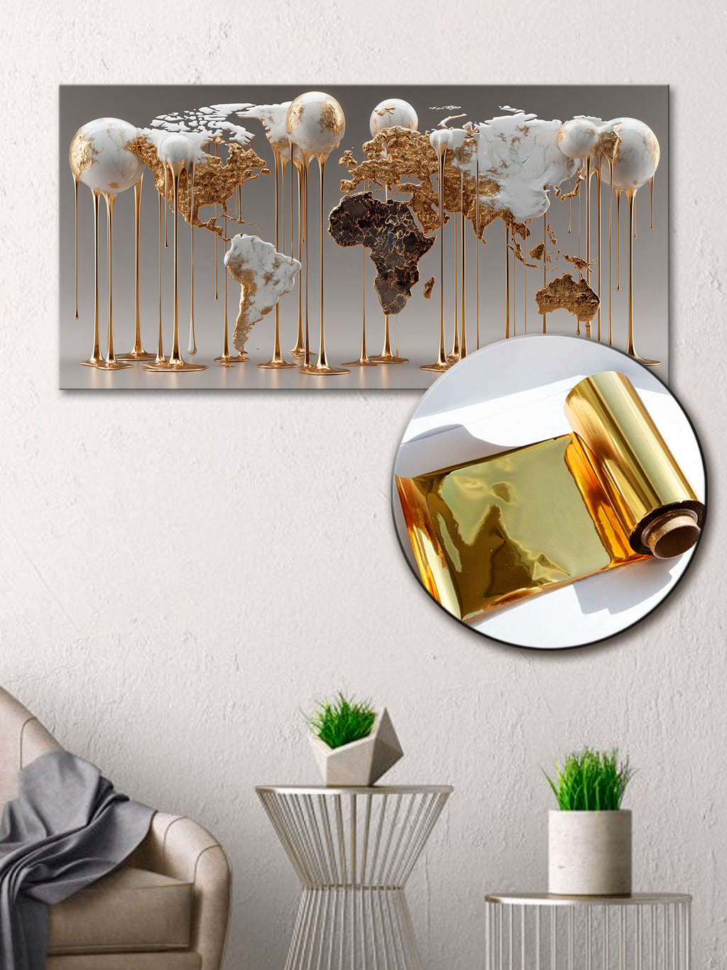 Gold Art Print Abstract Map of the Planet – Gold Accent Wall Decor Canvas, Foil