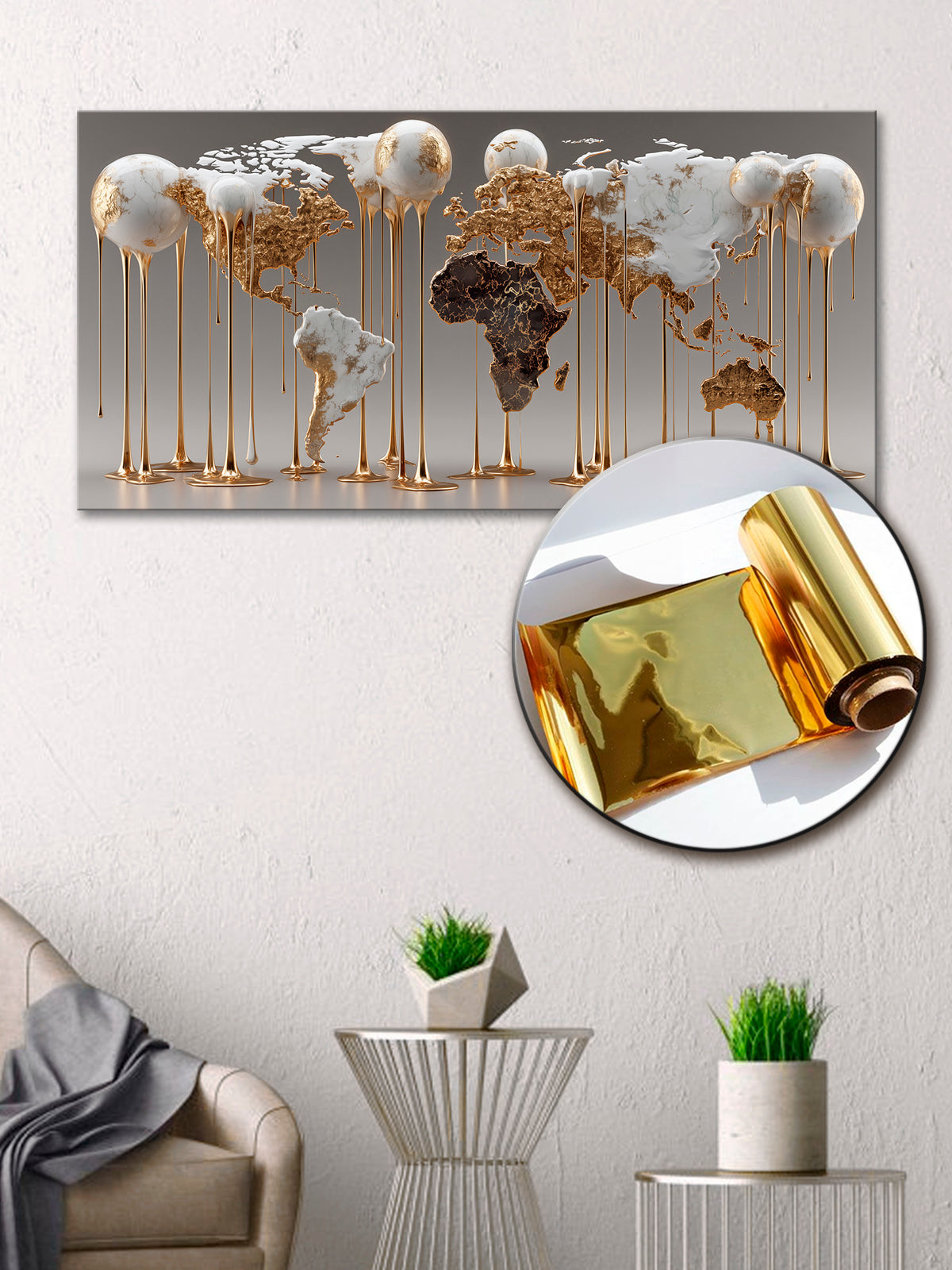 Gold Art Print Abstract Map of the Planet – Gold Accent Wall Decor Canvas, Foil
