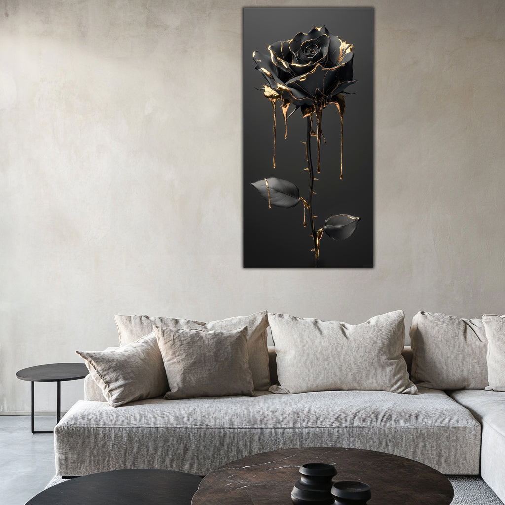 Gilded Art Print Black Rose – Gold Accent Wall Decor Canvas, Foil