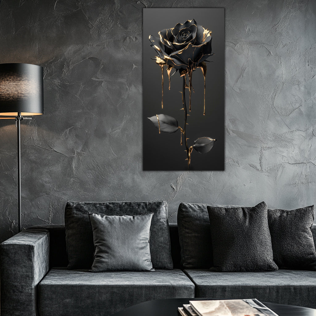 Gilded Art Print Black Rose – Gold Accent Wall Decor Canvas, Foil