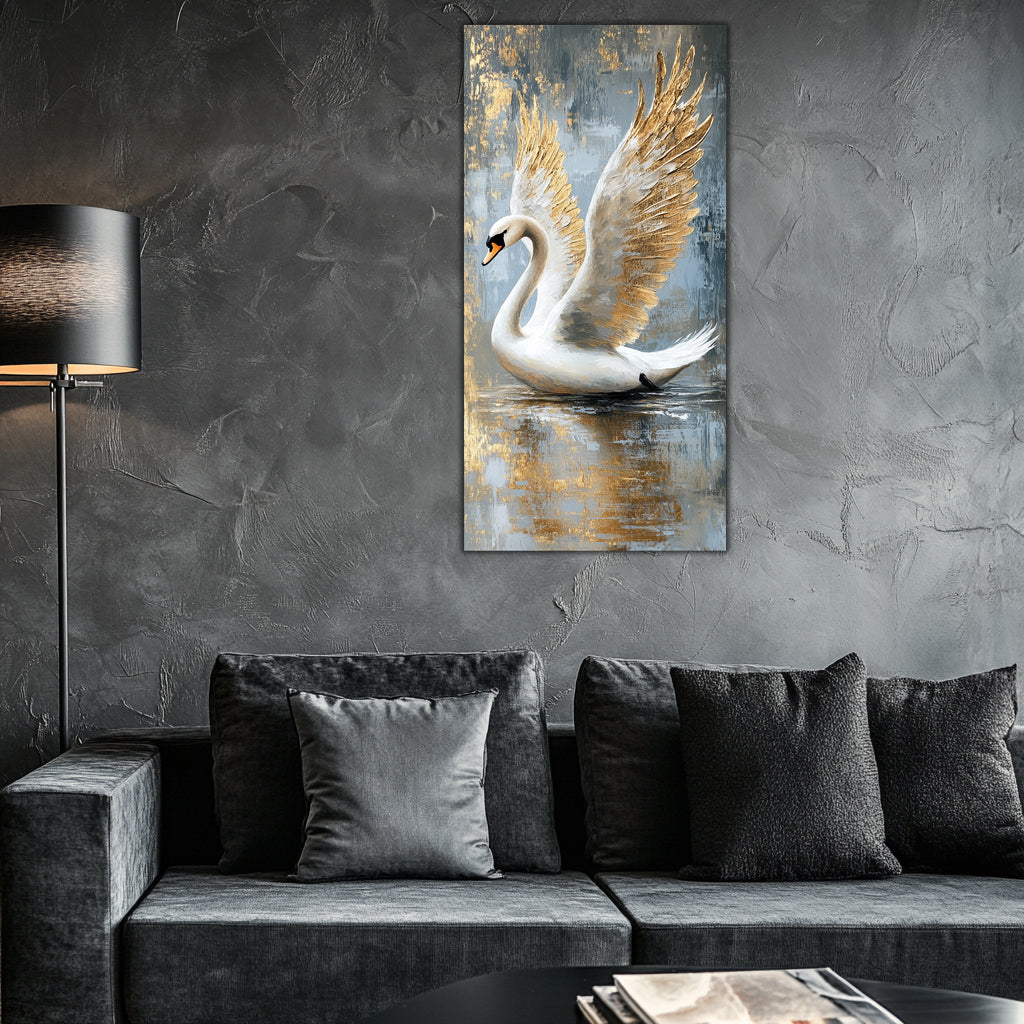 Gilded Art Print White Swan – Gold Accent Wall Decor Canvas, Foil