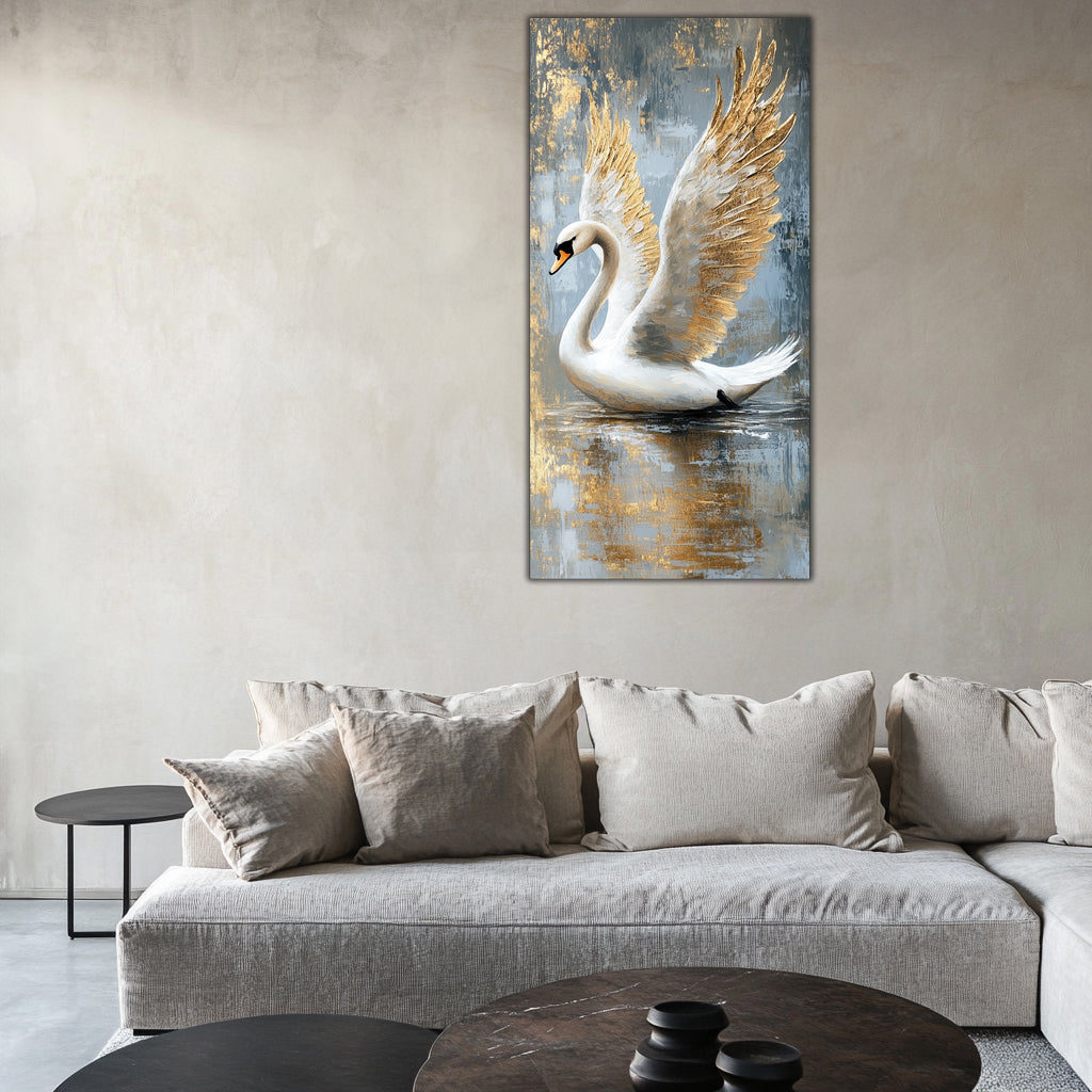 Gilded Art Print White Swan – Gold Accent Wall Decor Canvas, Foil