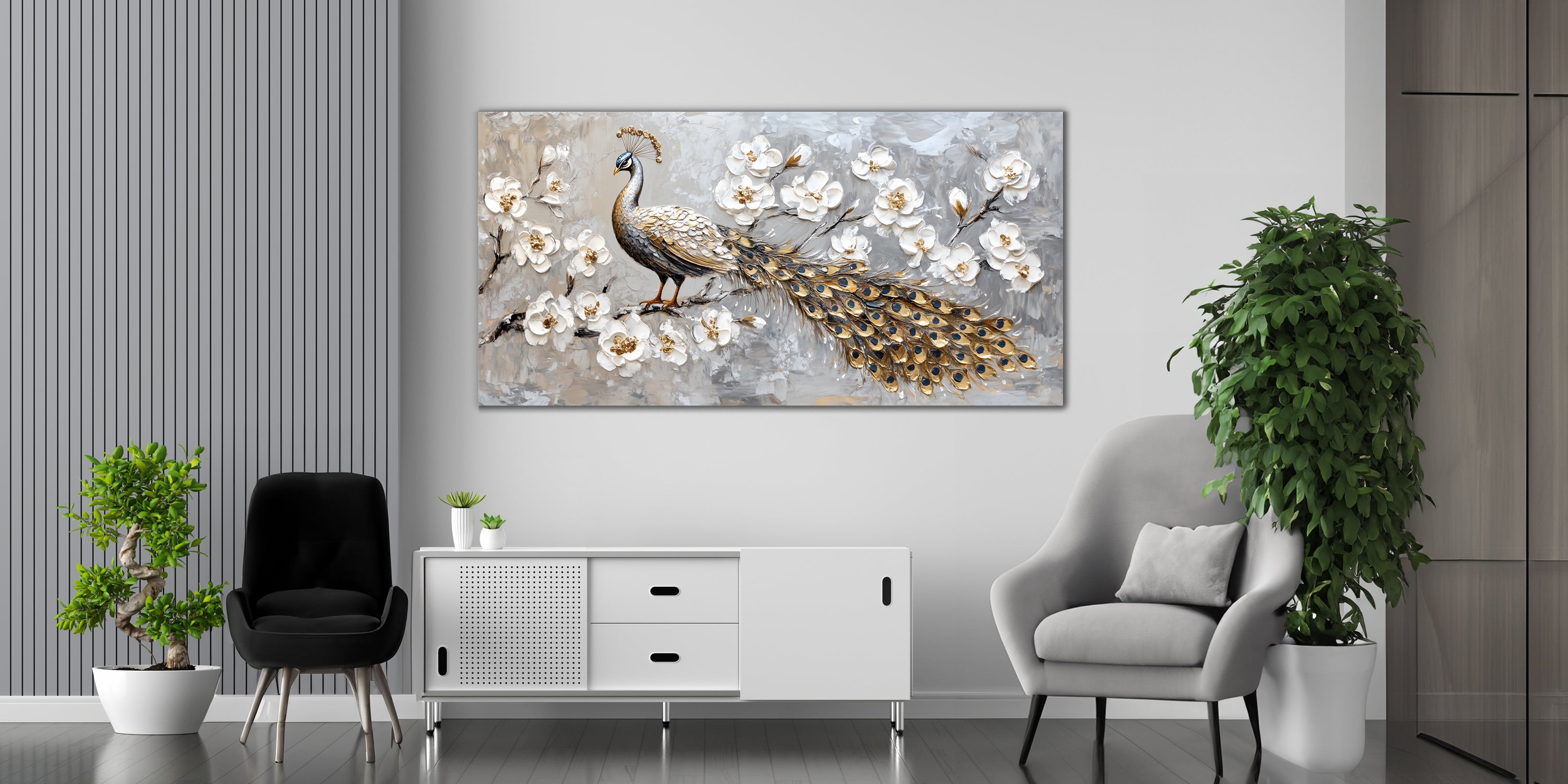 Peacock Gold Foil Wall Art – Gilded Canvas Print with Luxury Gold Accent Decor