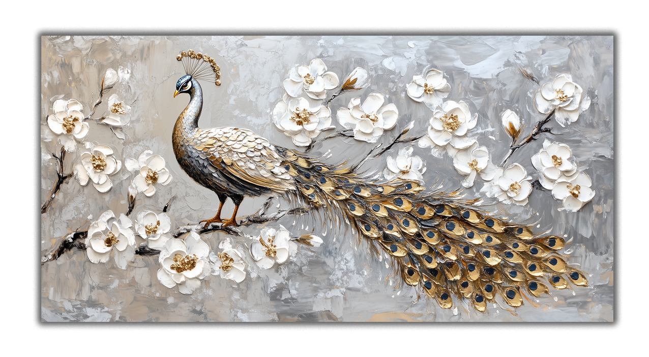 Peacock Gold Foil Wall Art – Gilded Canvas Print with Luxury Gold Accent Decor