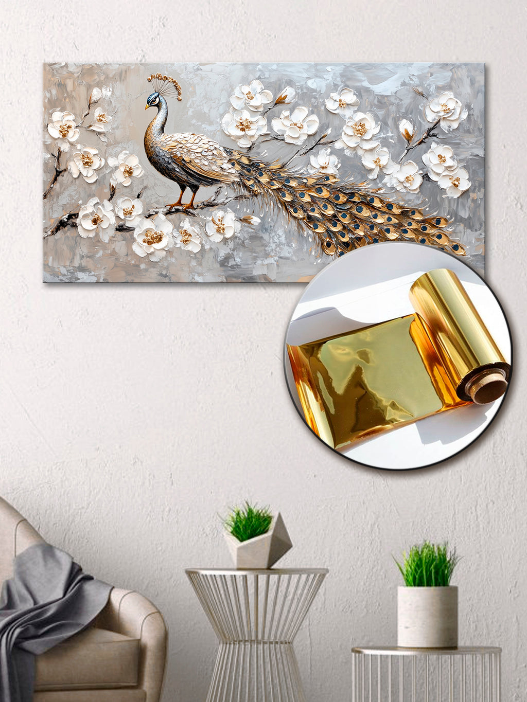 Gold Wall Art – Peacock and Flowers Metallic Foil Canvas