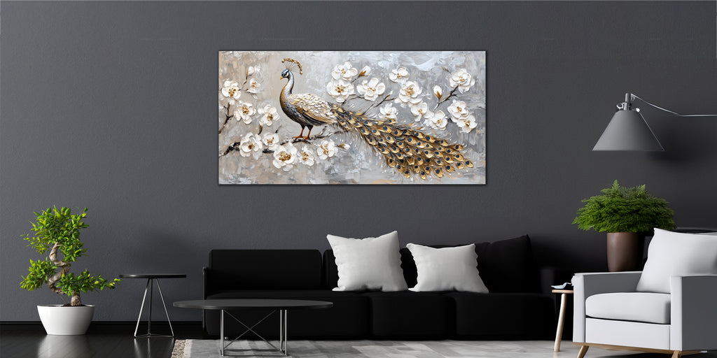 Gold Wall Art – Peacock and Flowers Metallic Foil Canvas
