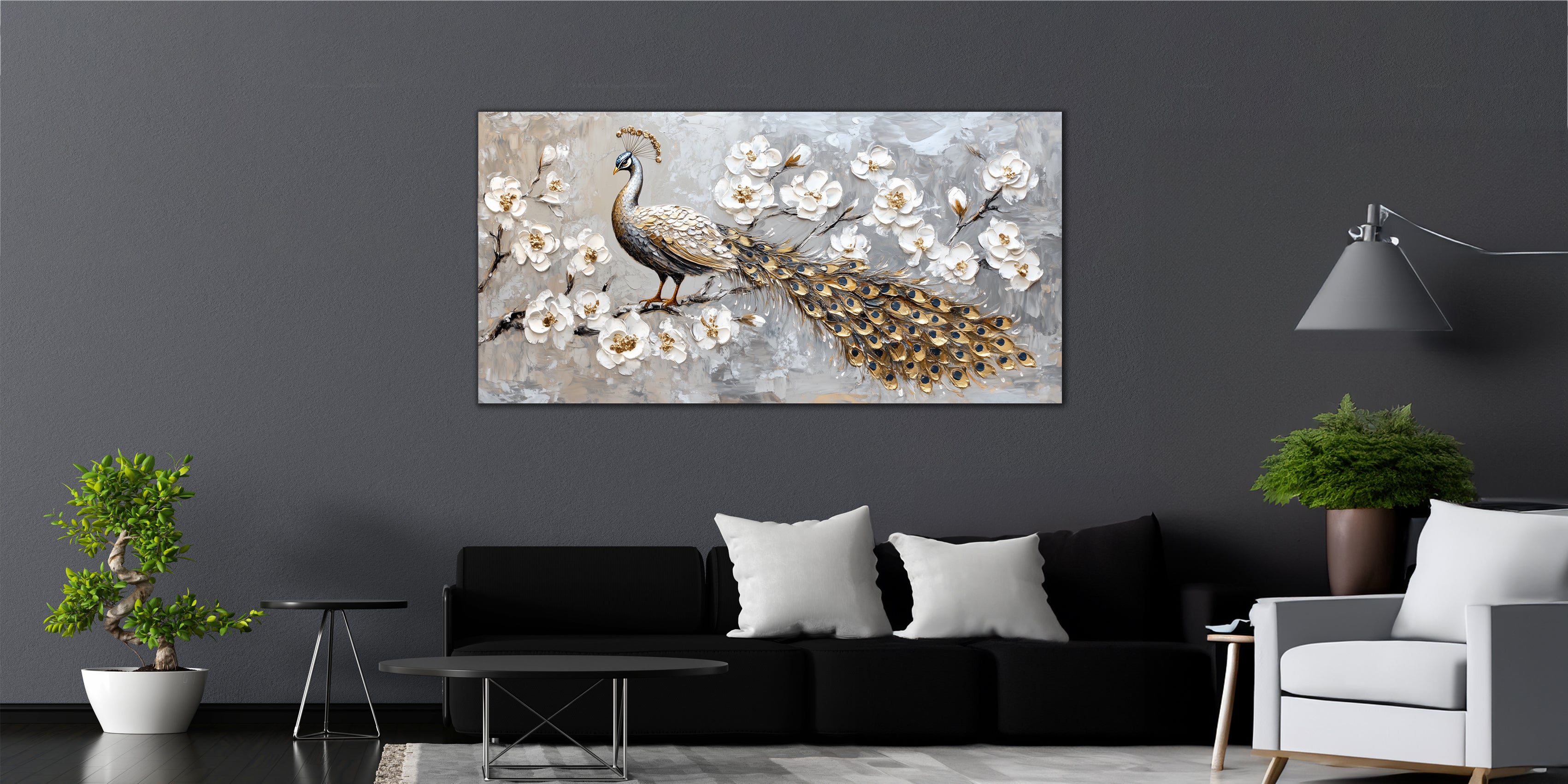 Peacock Gold Foil Wall Art – Gilded Canvas Print with Luxury Gold Accent Decor