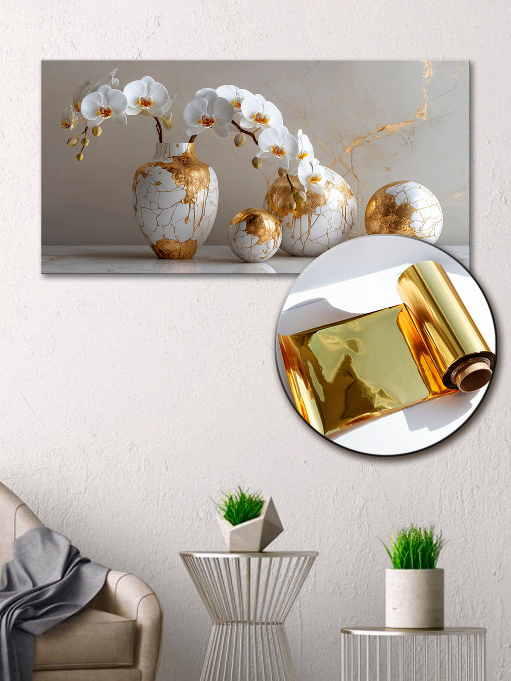 Gold Foil Wall Art Print Orchid Flowers – Gold Accent  Decor Canvas