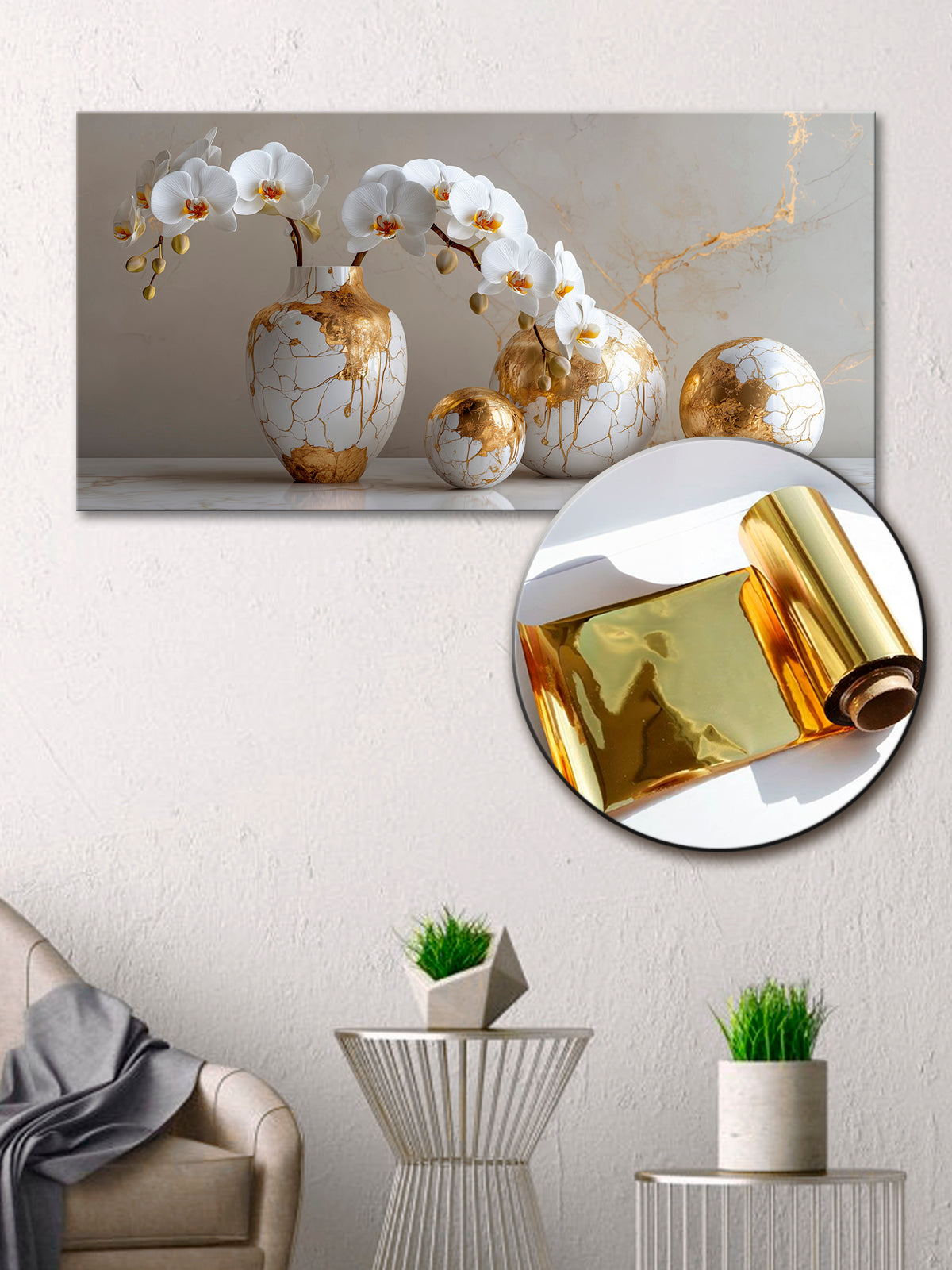Gold Foil Wall Art Print Orchid Flowers – Gold Accent  Decor Canvas
