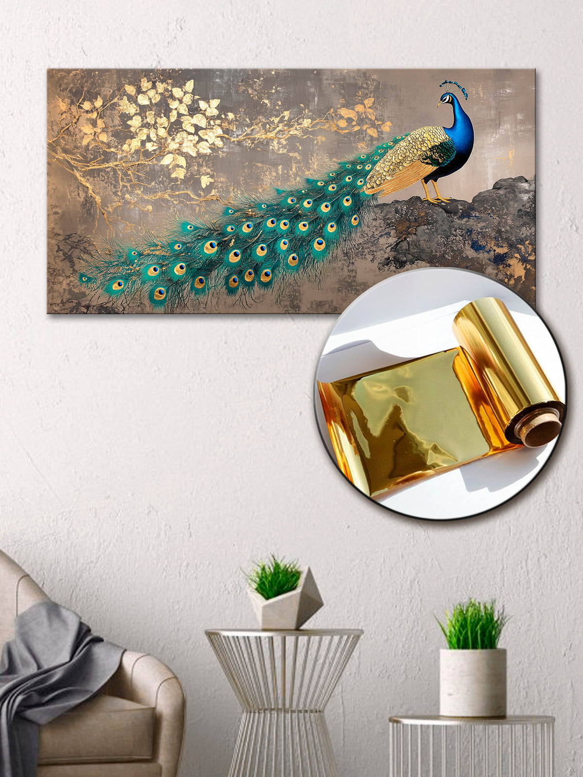 Gold Foil Wall Art Print – Peacock Canvas Decor