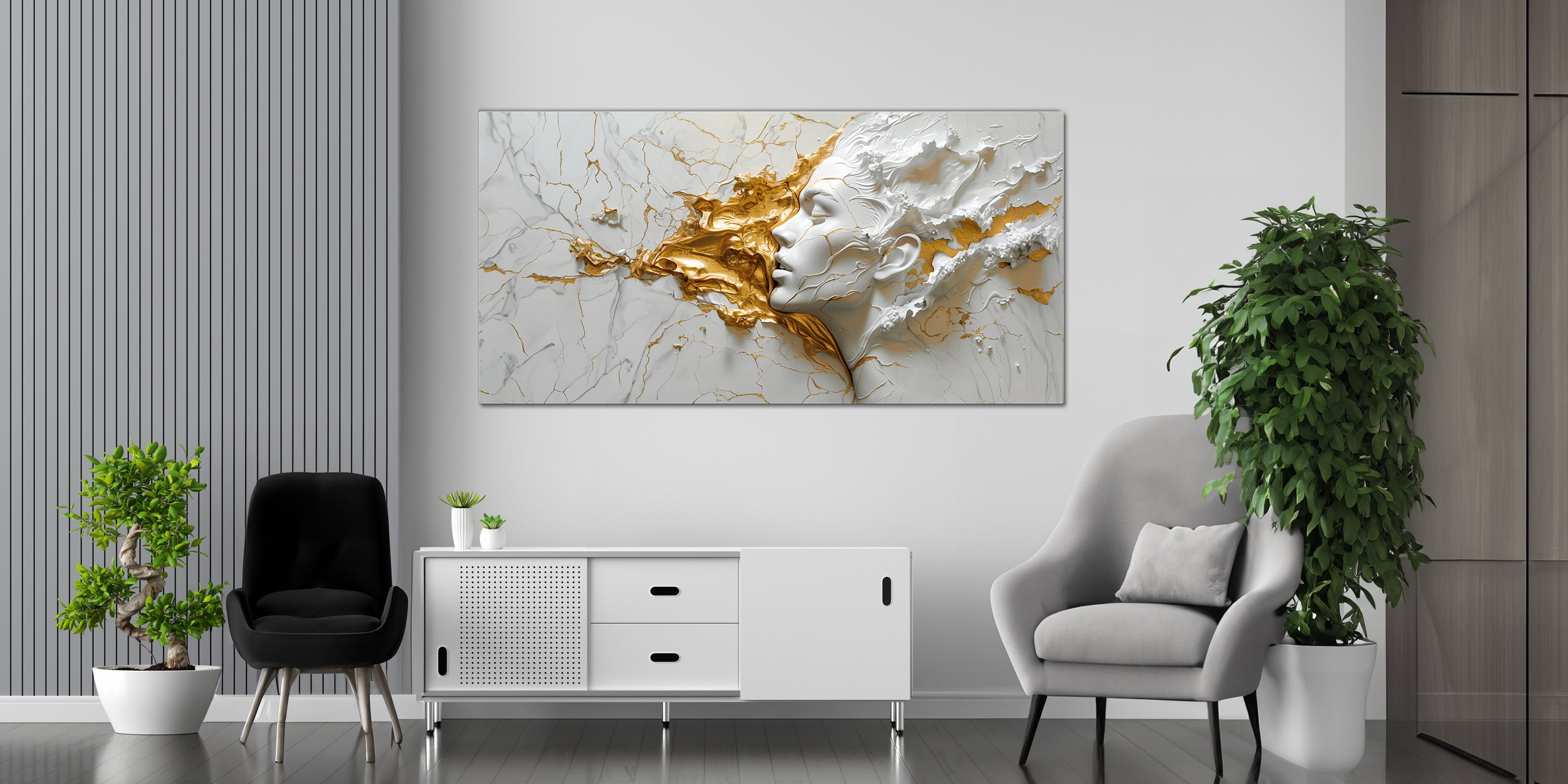 Gilded Art Print Abstract Girl Portrait – Gilded Wall Decor with Gold Accent Foil