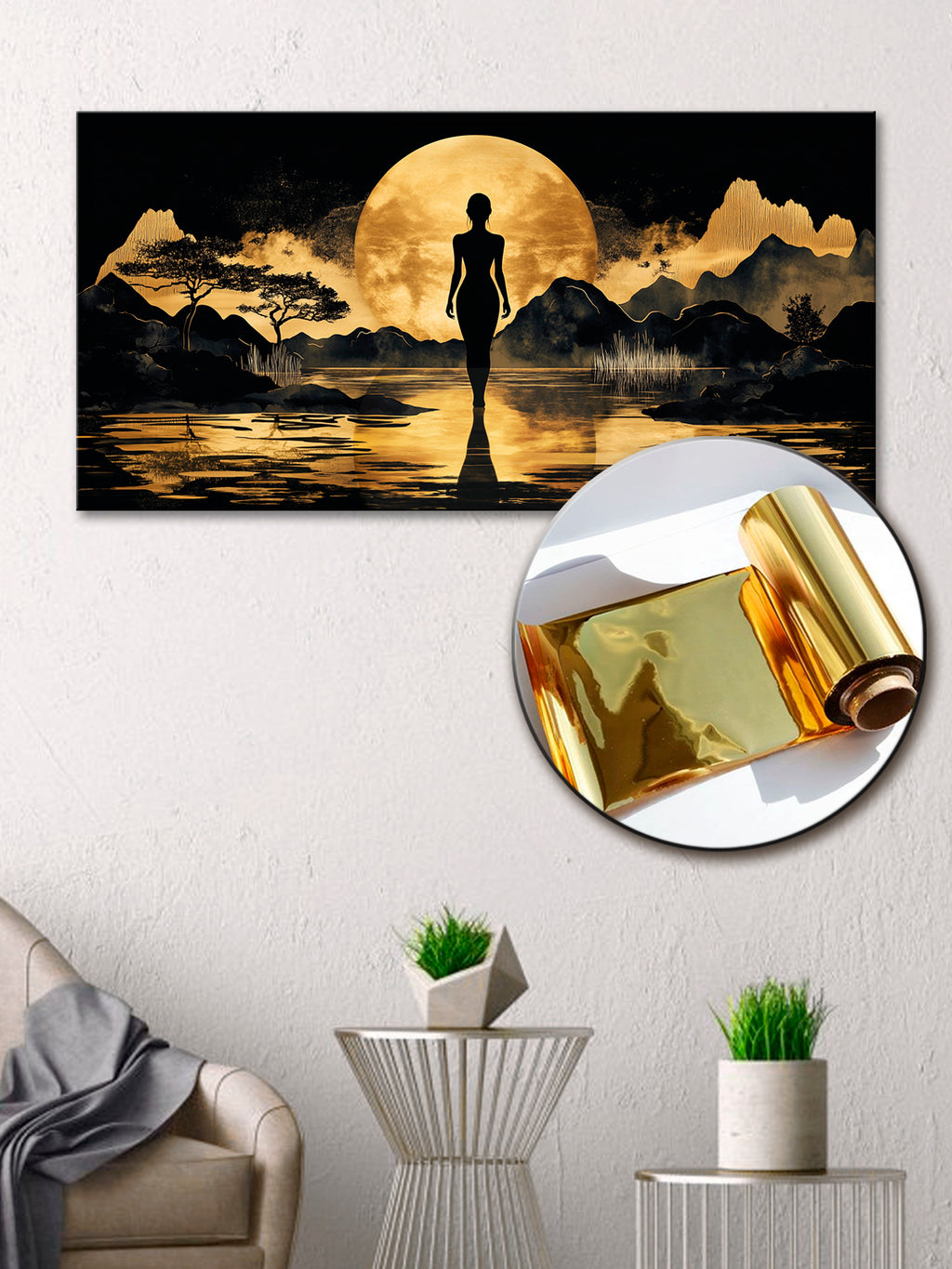 Gold Foil Wall Art Print – Female Silhouette Canvas Decor 