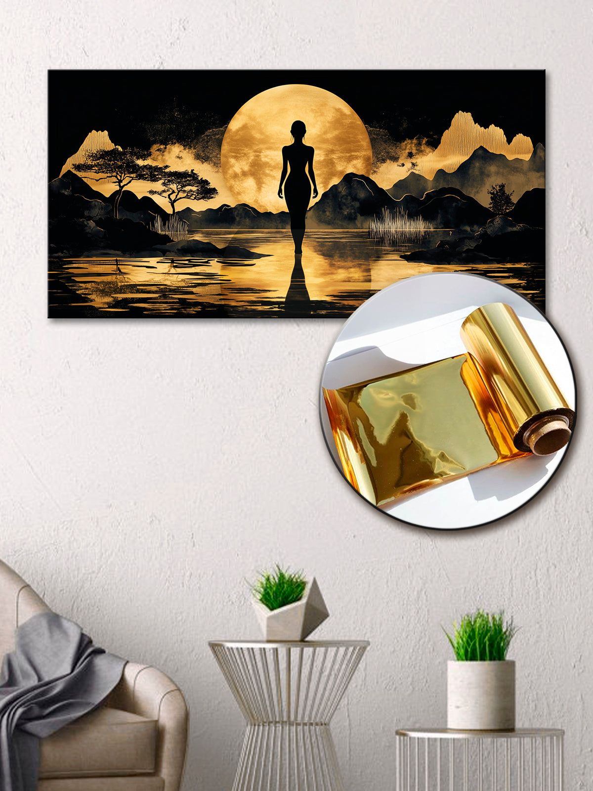 Gold Foil Wall Art Print – Female Silhouette Canvas Decor 