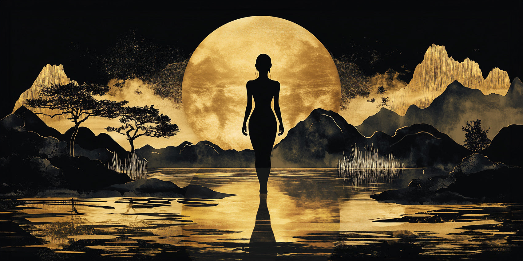 Gold Wall Art – Female Silhouette Metallic Foil Canvas.