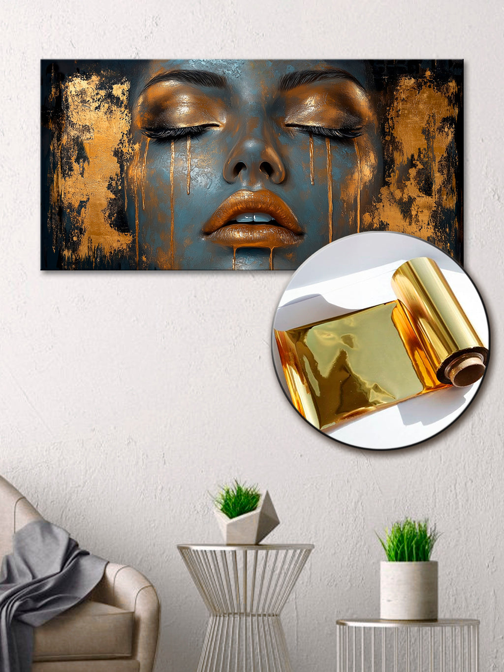 Gold Foil Wall Art Print Girl — Modern Gold Accent Wall Decor, Foil Art Print, Gold Foil Canvas