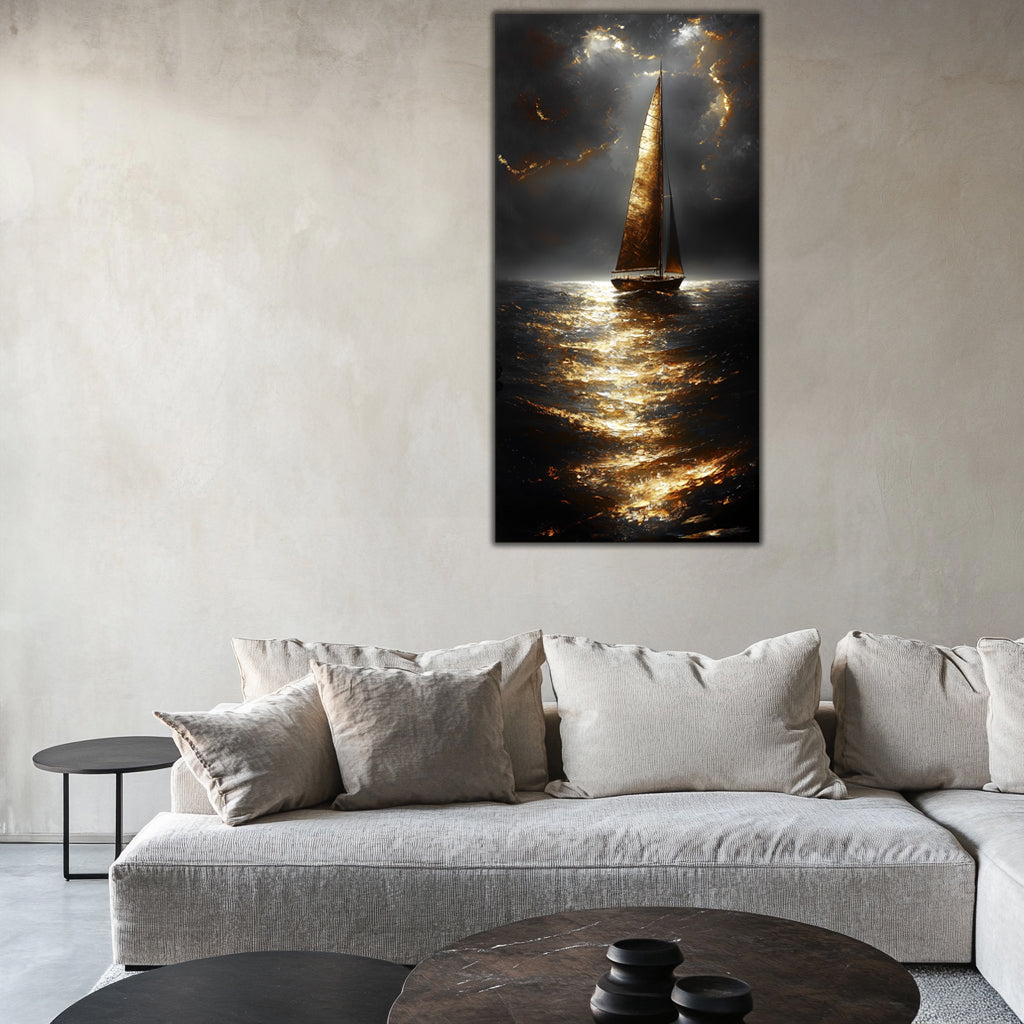 Sailboat at Night: Gilded Gold Foil Art Print on Canvas