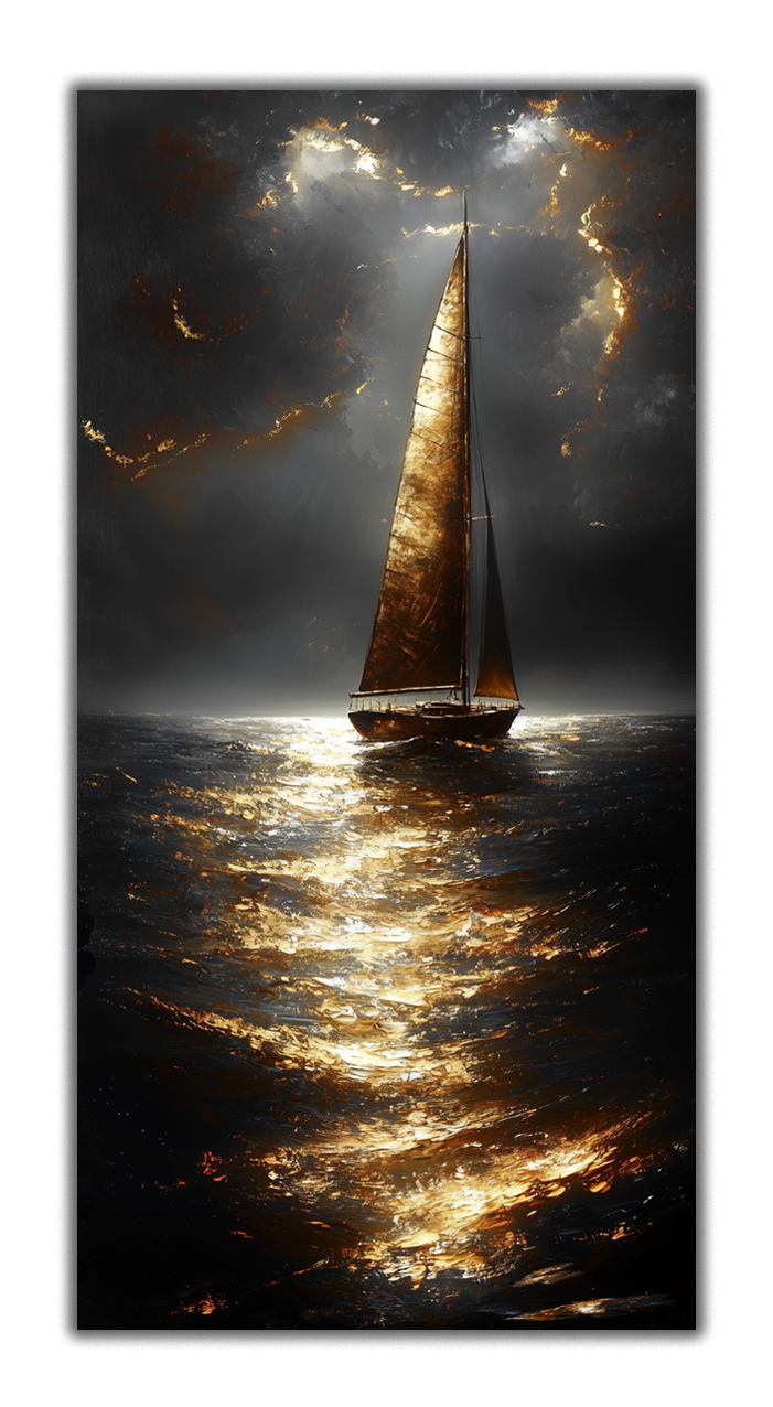 Sailboat at Night: Gilded Gold Foil Art Print on Canvas