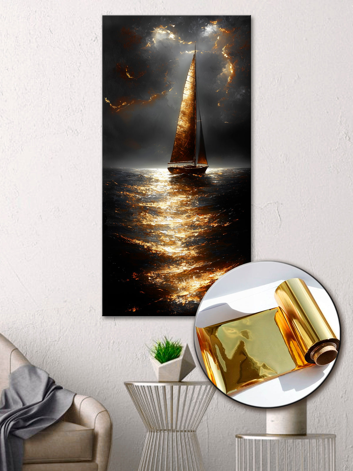 Sailboat at Night: Gilded Gold Foil Art Print on Canvas