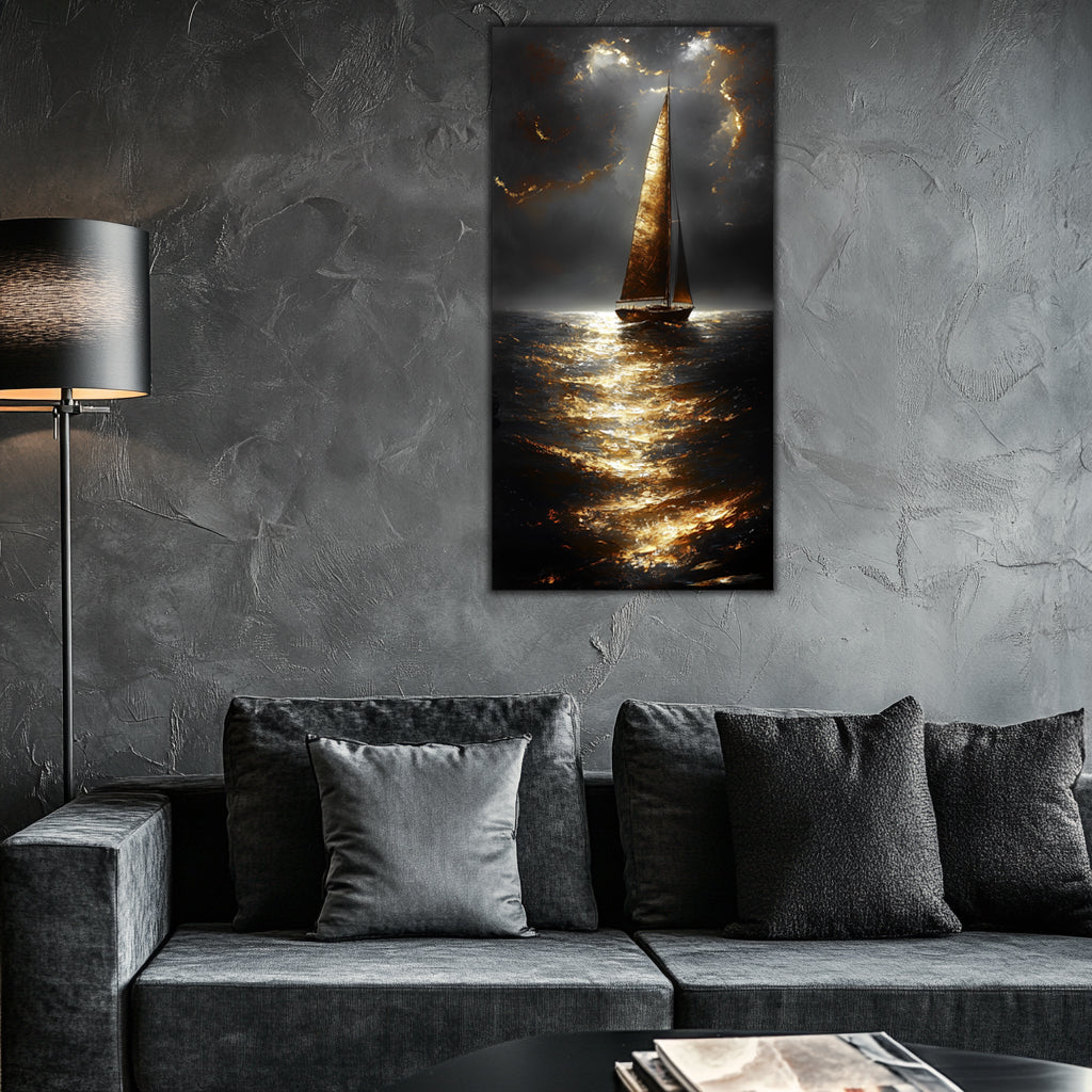 Sailboat at Night: Gilded Gold Foil Art Print on Canvas