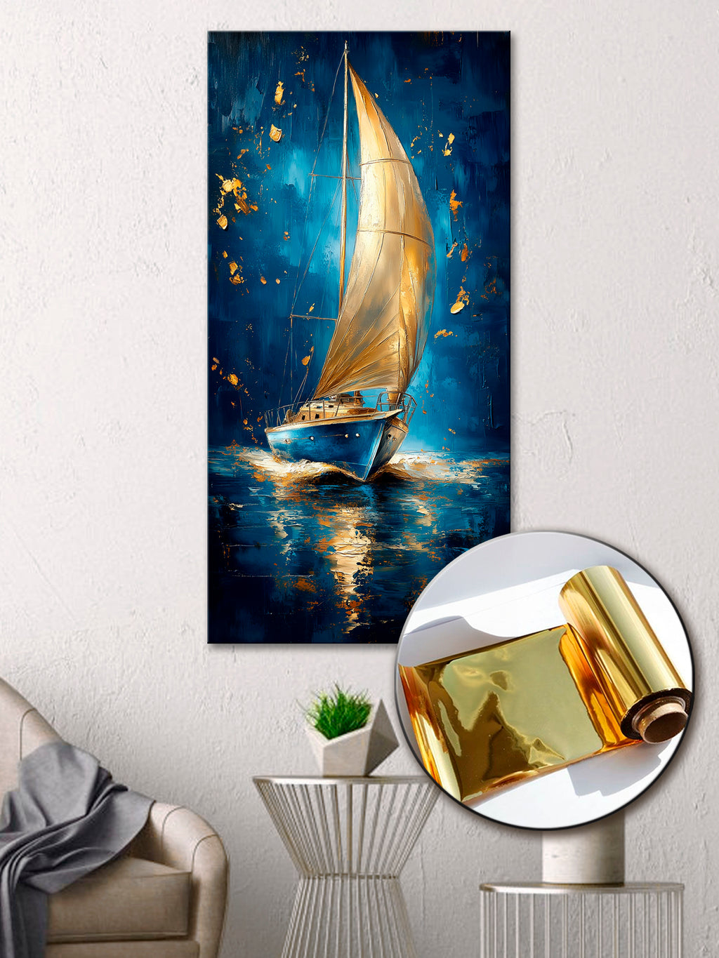 Gilded Art Print Sailboat – Gilded Wall Decor & Gold Accent Canvas, Foil