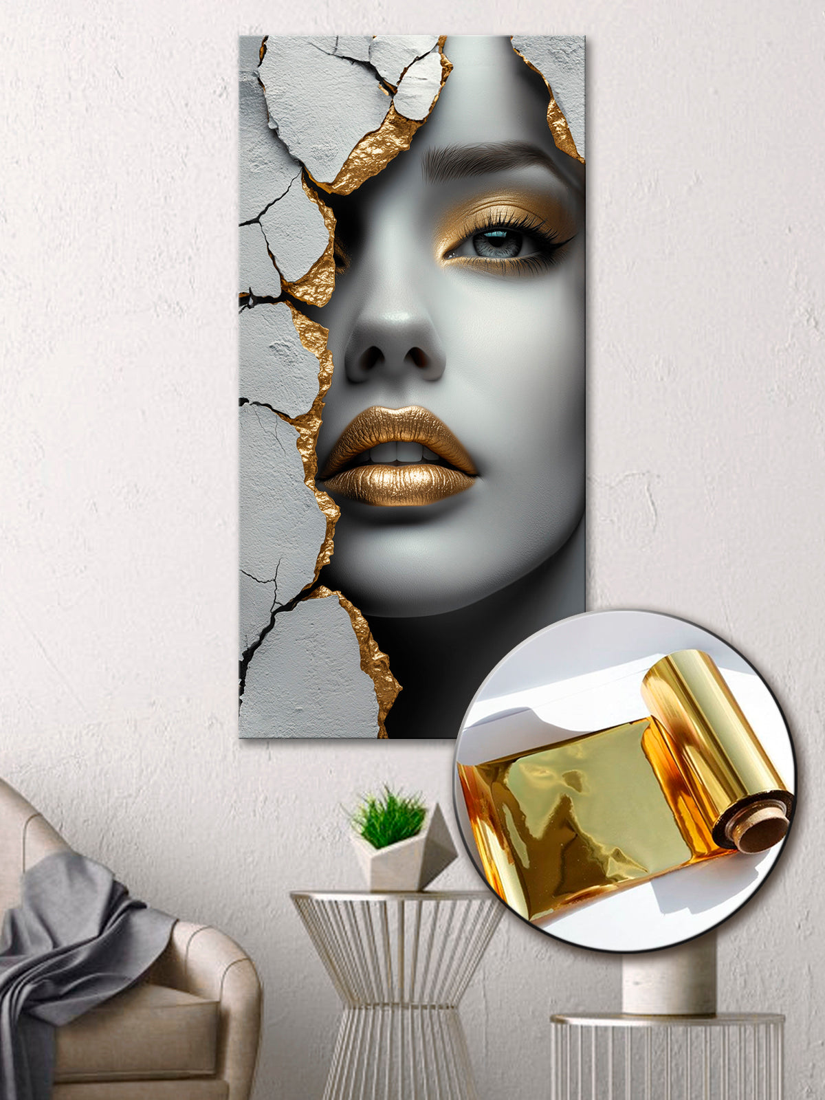 Επιχρυσωμένη Τέχνη Εκτύπωσης "Abstract Girl" | Μοντέρνα Επιχρυσωμένη Διακόσμηση Τοίχου | Καμβάς με Χρυσές Λεπτομέρειες | Μεταλλικό Φύλλο Τέχνης