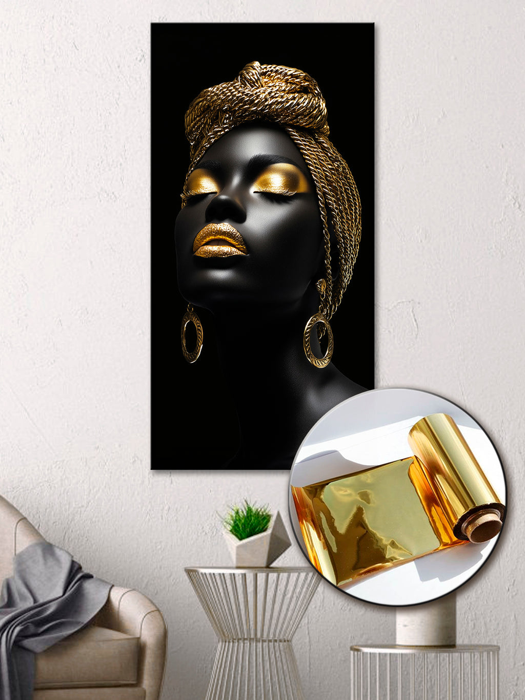 Gilded Art Print "Girl in Gold" | Abstract Portrait Gilded Wall Decor | Gold Accent Canvas | Foil