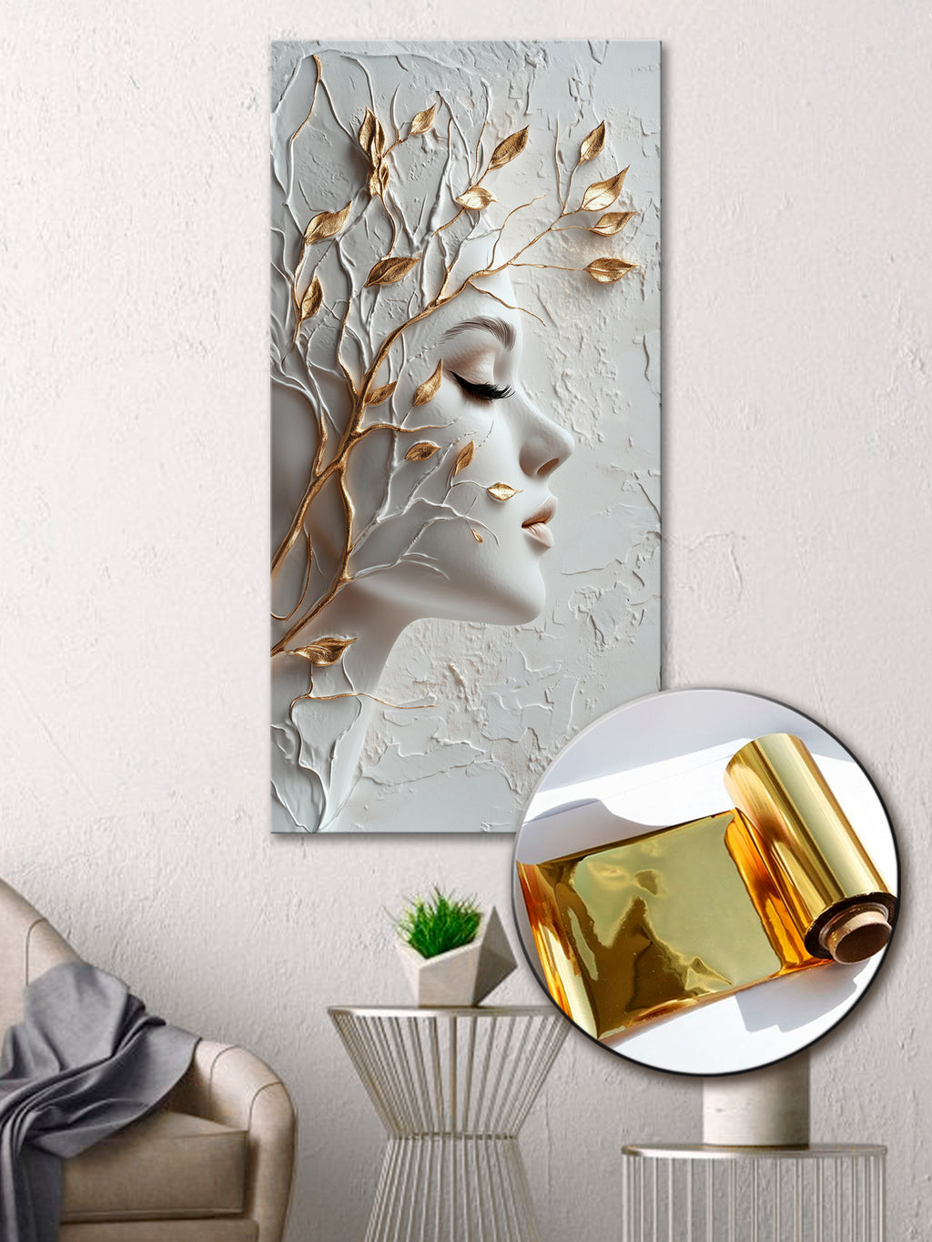 Gold Wall Art – Abstract Girl Metallic Foil Canvas.