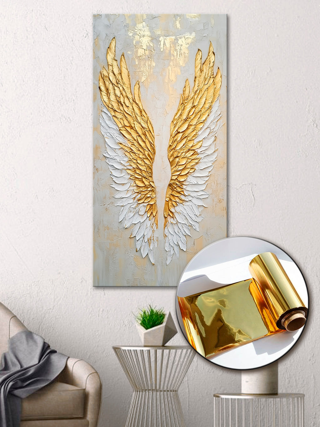 Gold Foil Wall Art Angel Wings – Gilded Canvas Print for Modern Interiors