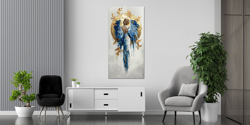 Gold Foil Wall Art Angel and Golden Sun – Gilded Art Print with Gold Accent Decor