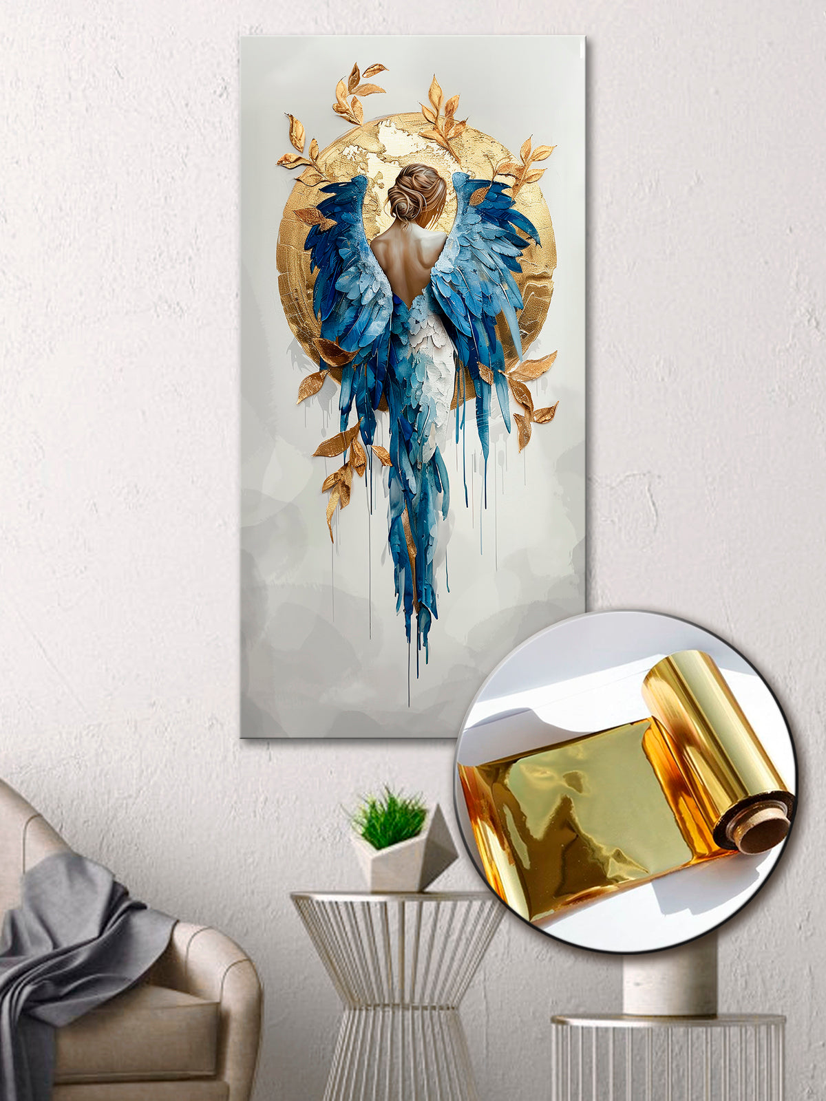 Gold Wall Art – Angel and Golden Sun Metallic Foil Canvas