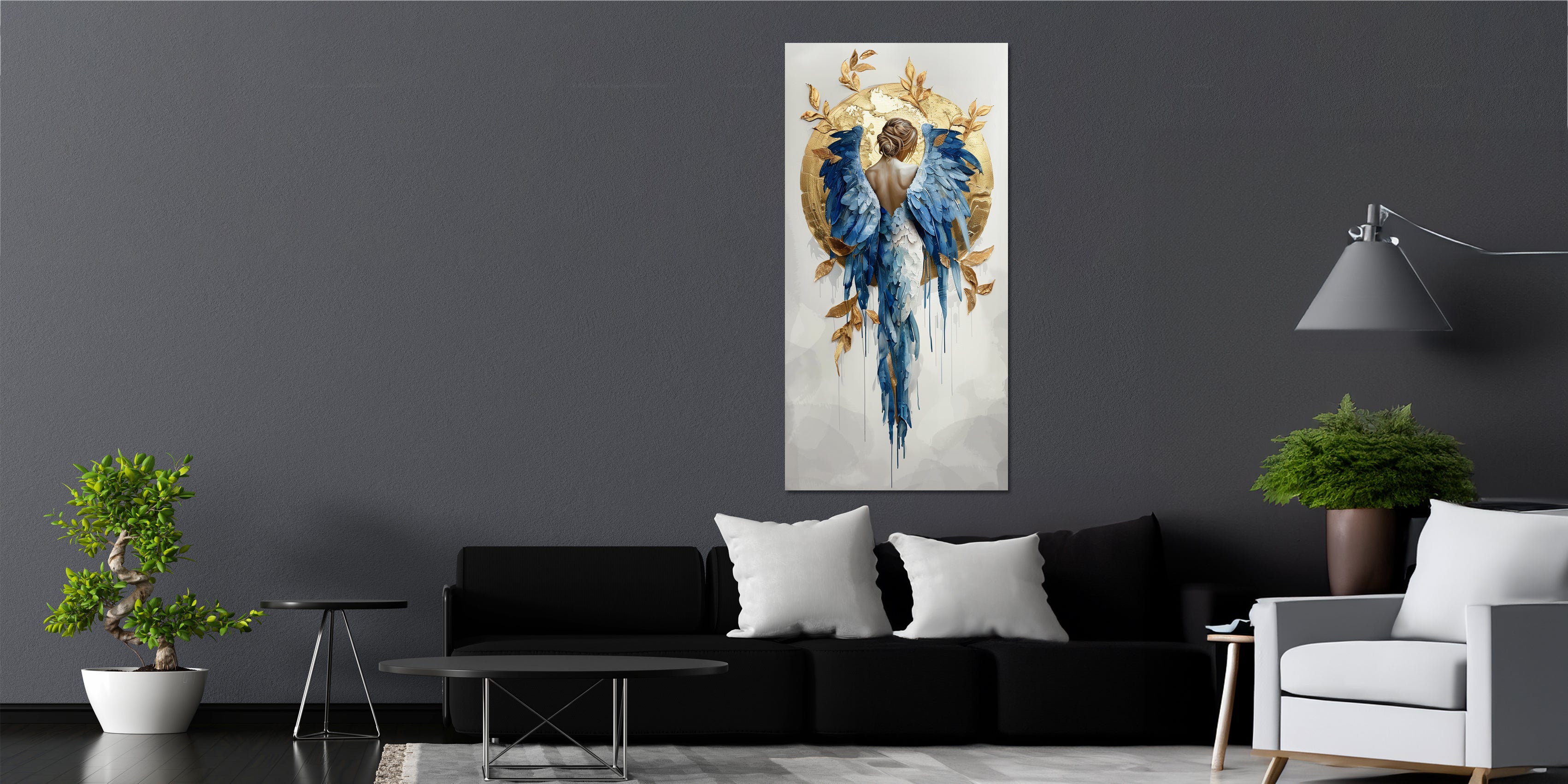 Gold Foil Wall Art Angel and Golden Sun – Gilded Art Print with Gold Accent Decor