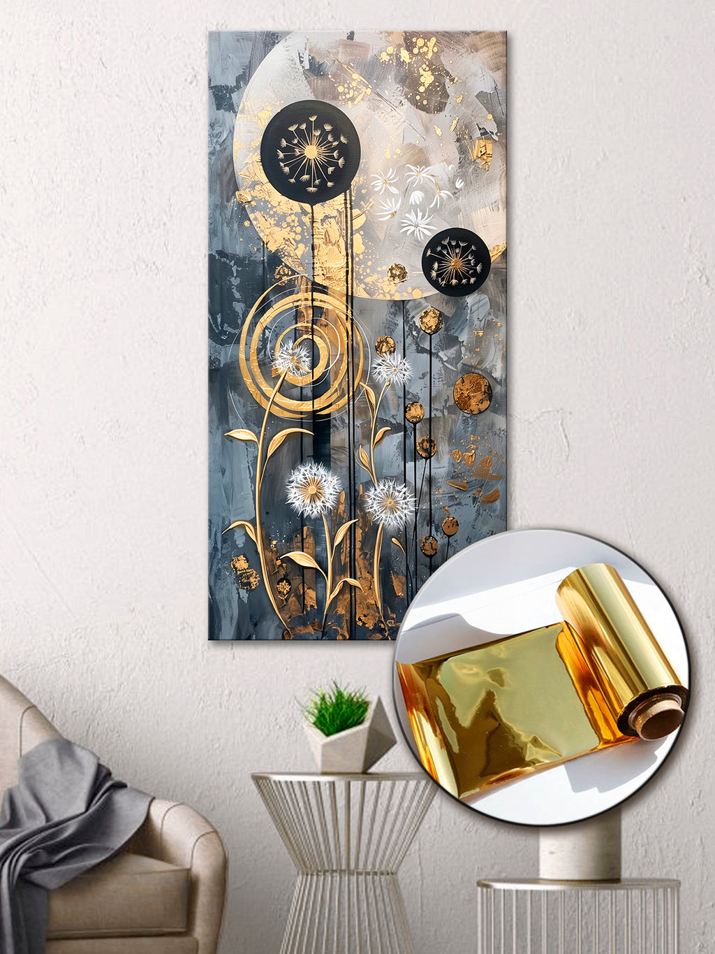 Gold Wall Art – Abstract Flowers Metallic Foil Canvas.