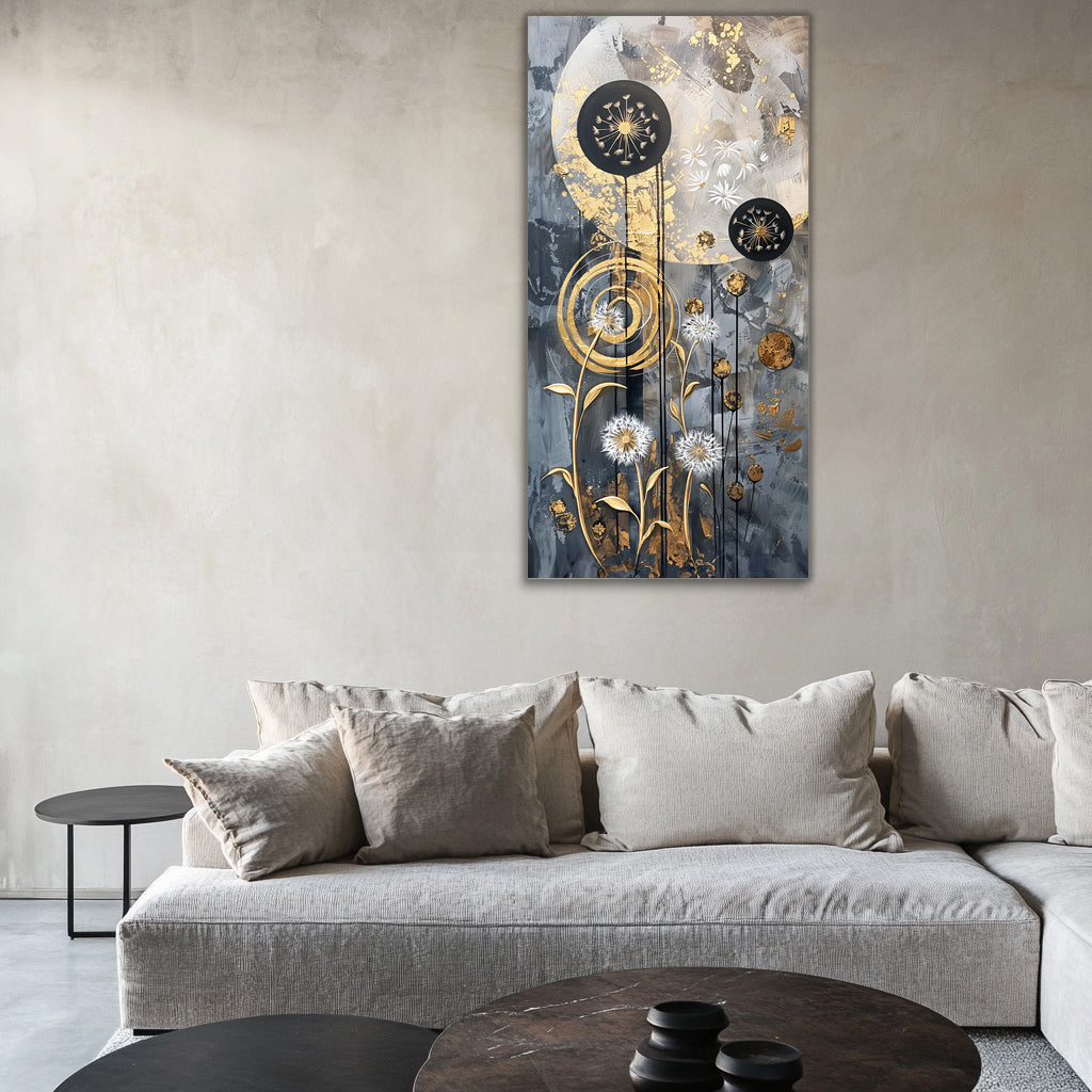 Gold Wall Art – Abstract Flowers Metallic Foil Canvas.