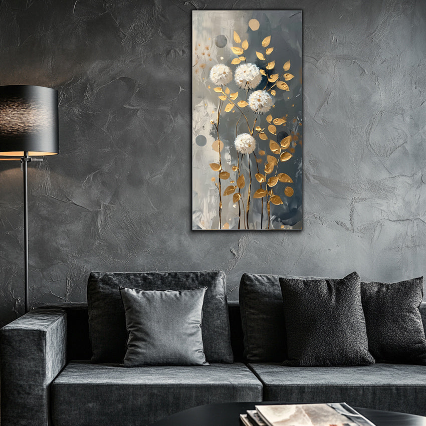 Gold Wall Art – Flowers with Golden Leaves Metallic Foil Canvas.