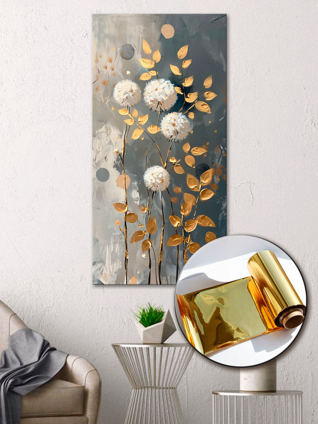 Gold Wall Art – Flowers with Golden Leaves Metallic Foil Canvas.