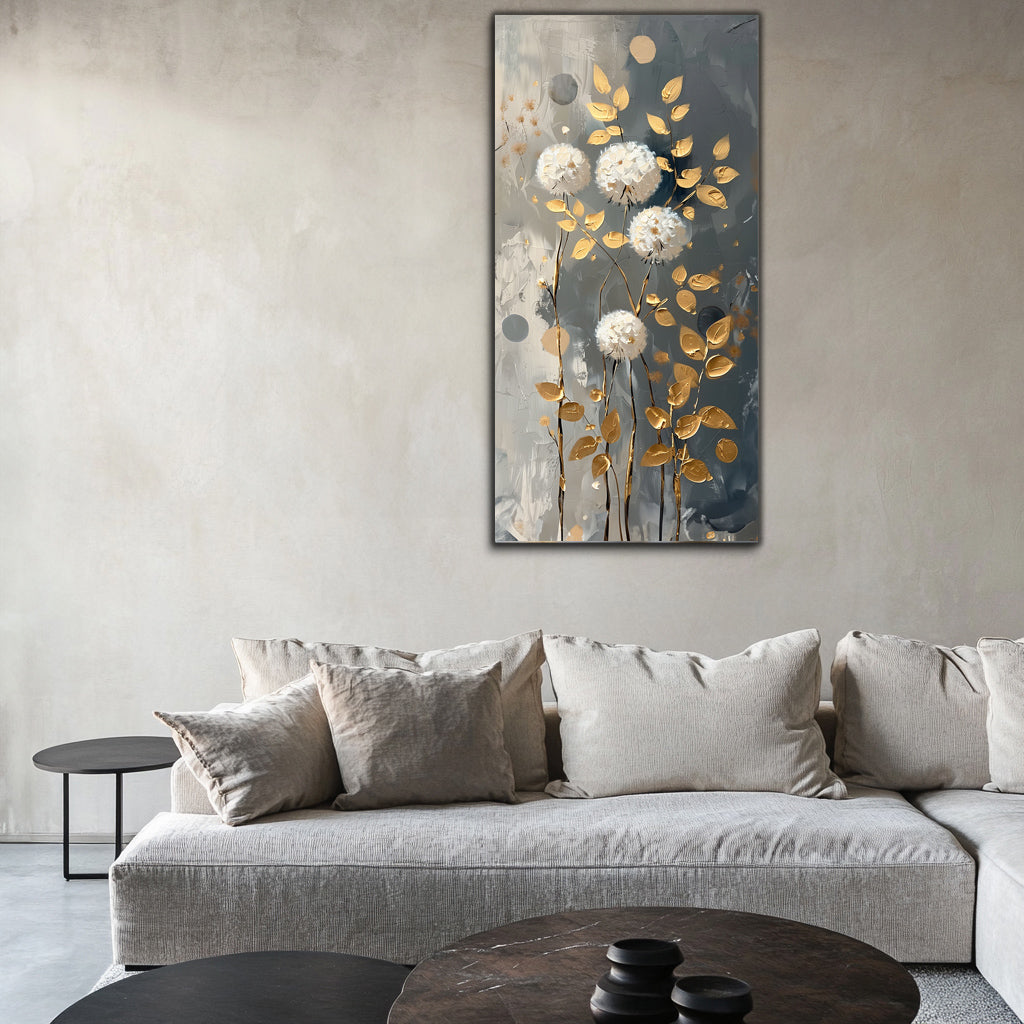Gold Wall Art – Flowers with Golden Leaves Metallic Foil Canvas.