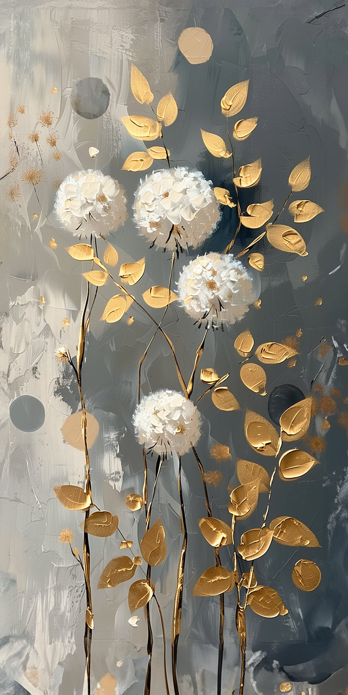 Gold Wall Art – Flowers with Golden Leaves Metallic Foil Canvas.