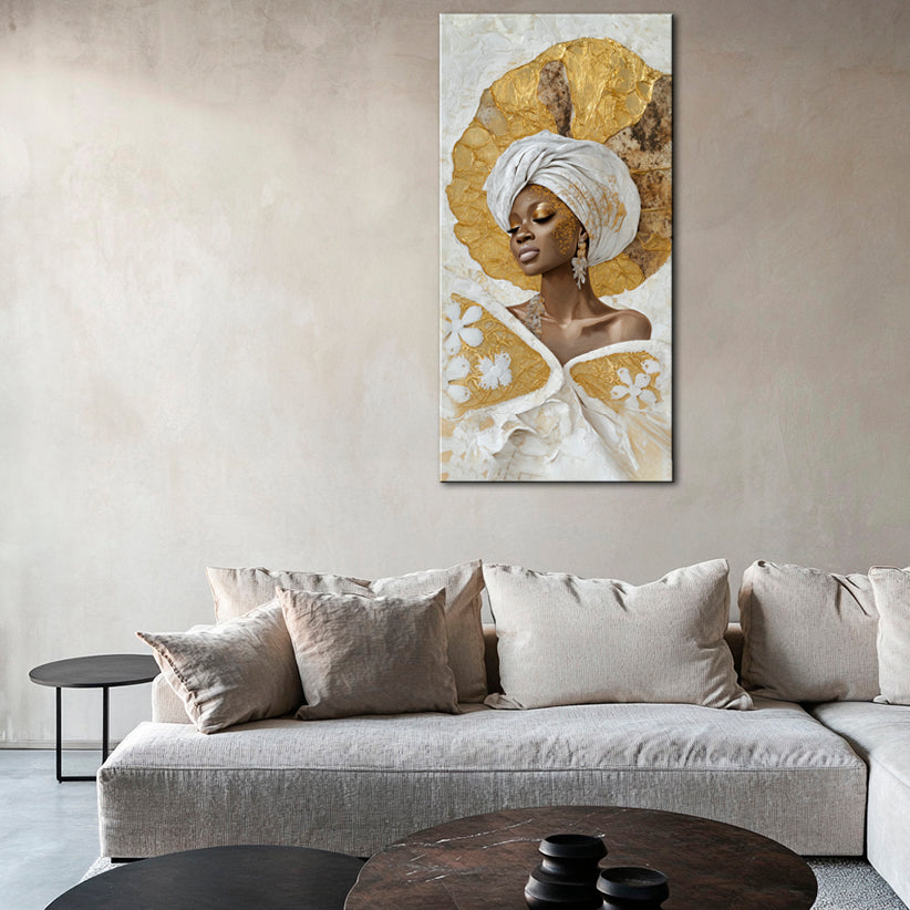 Gold Wall Art – Girl on Light Background Metallic Foil Canvas.
