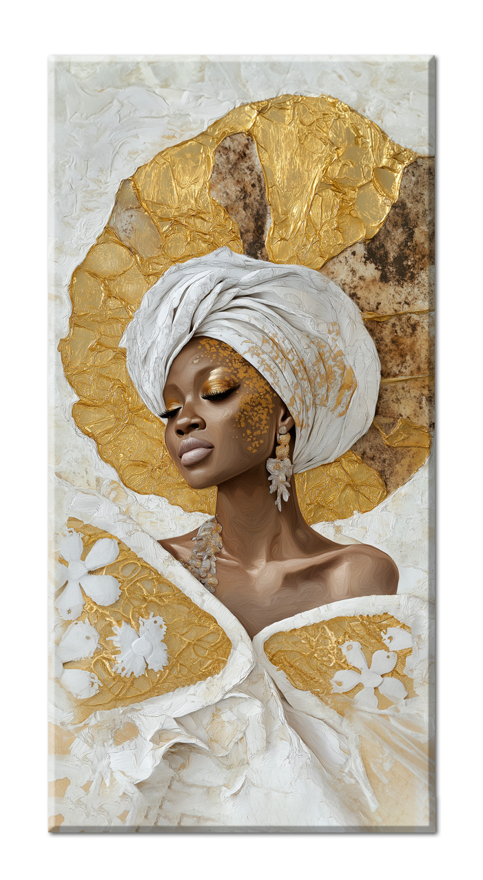 Gold Wall Art – Girl on Light Background Metallic Foil Canvas.