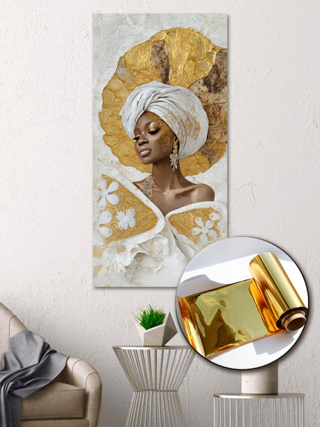Gold Foil Wall Art Print – Girl on Light Background Canvas Decor