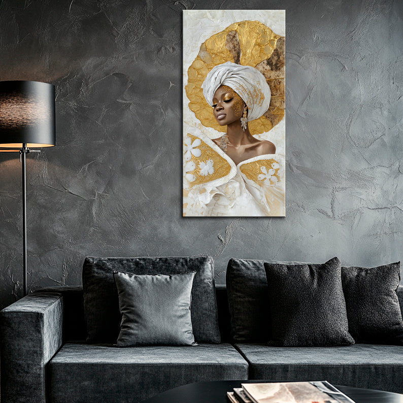 Gold Wall Art – Girl on Light Background Metallic Foil Canvas.