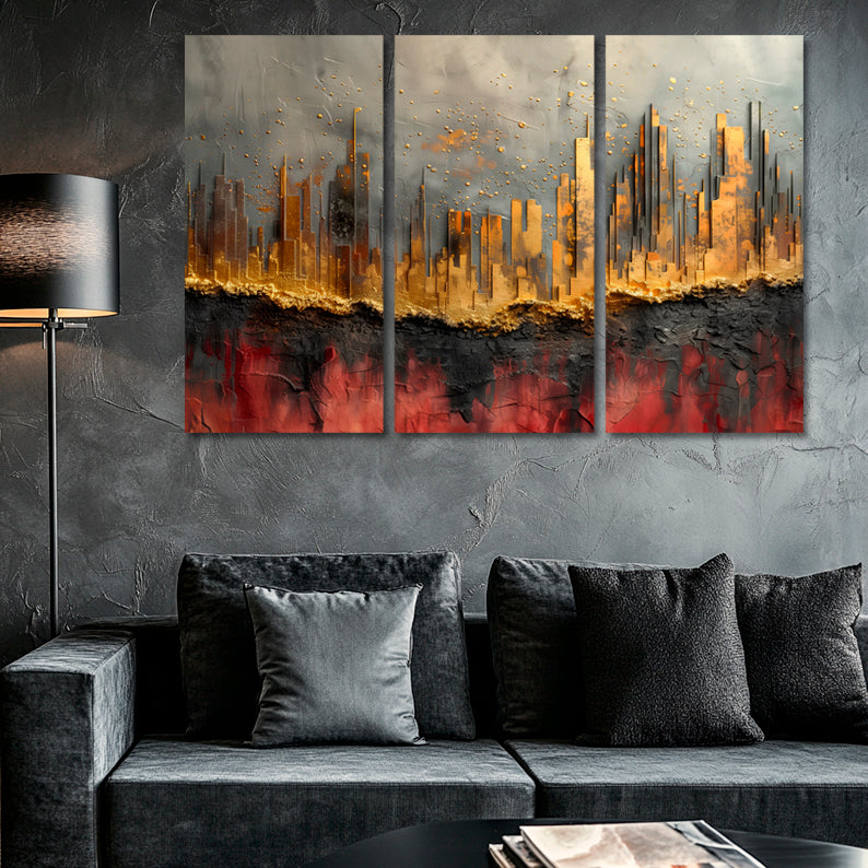 Gold Foil Golden City Abstraction Multi Panel Wall Art Canvas.