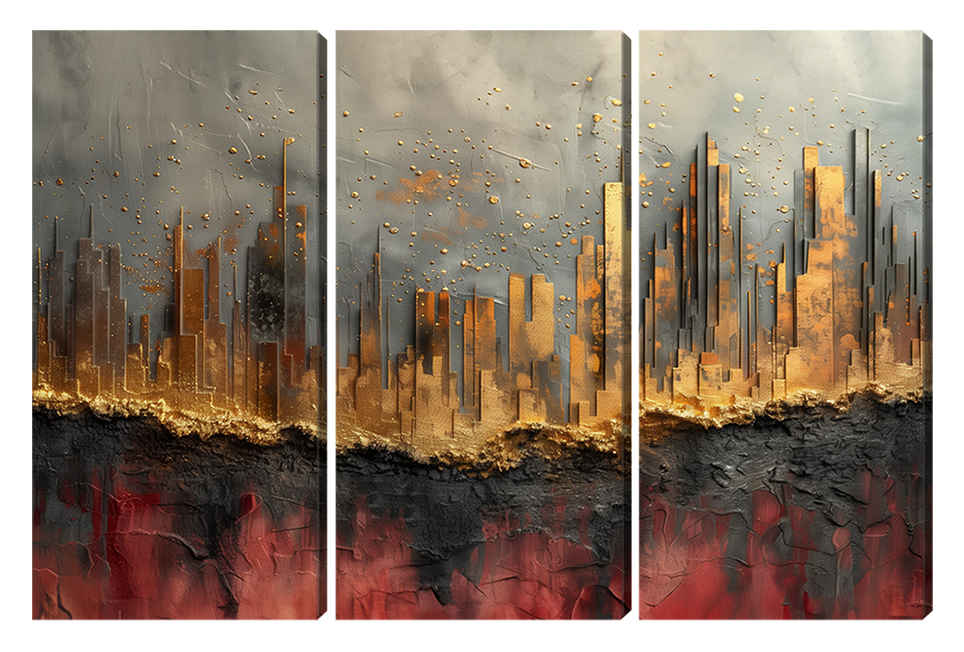 Gold Foil Golden City Abstraction Multi Panel Wall Art Canvas.
