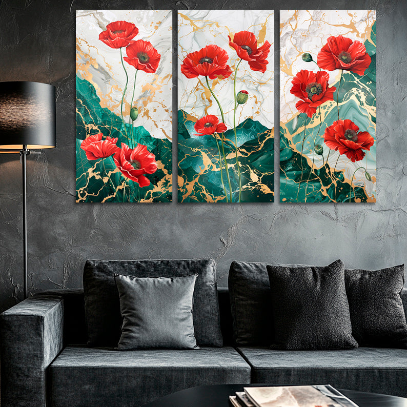 Gold Foil Poppy Multi Panel Wall Art Canvas.