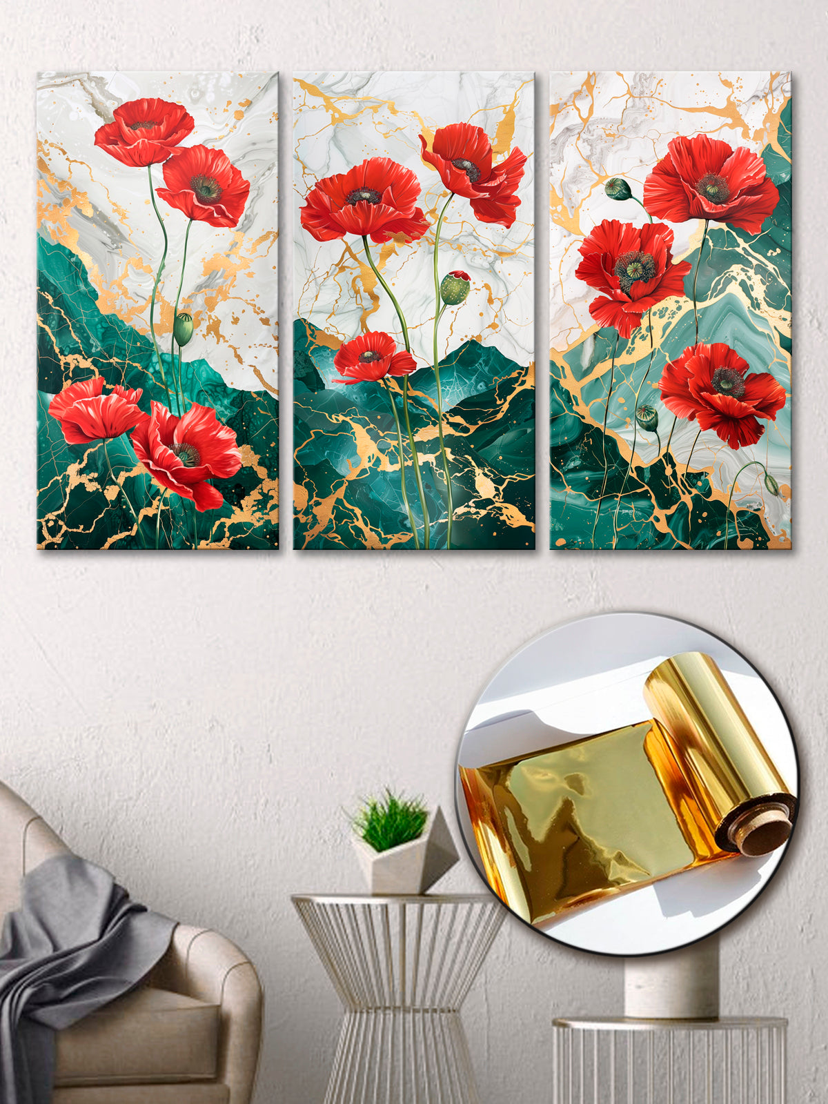 Gold Foil Poppy Multi Panel Wall Art Canvas.