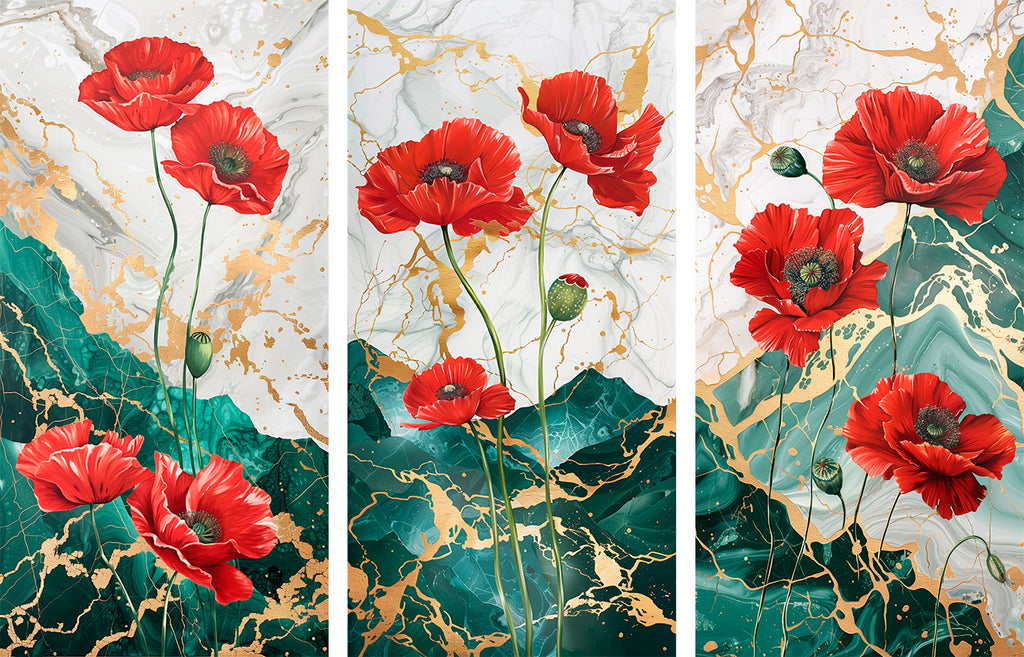 Gold Foil Poppy Multi Panel Wall Art Canvas.